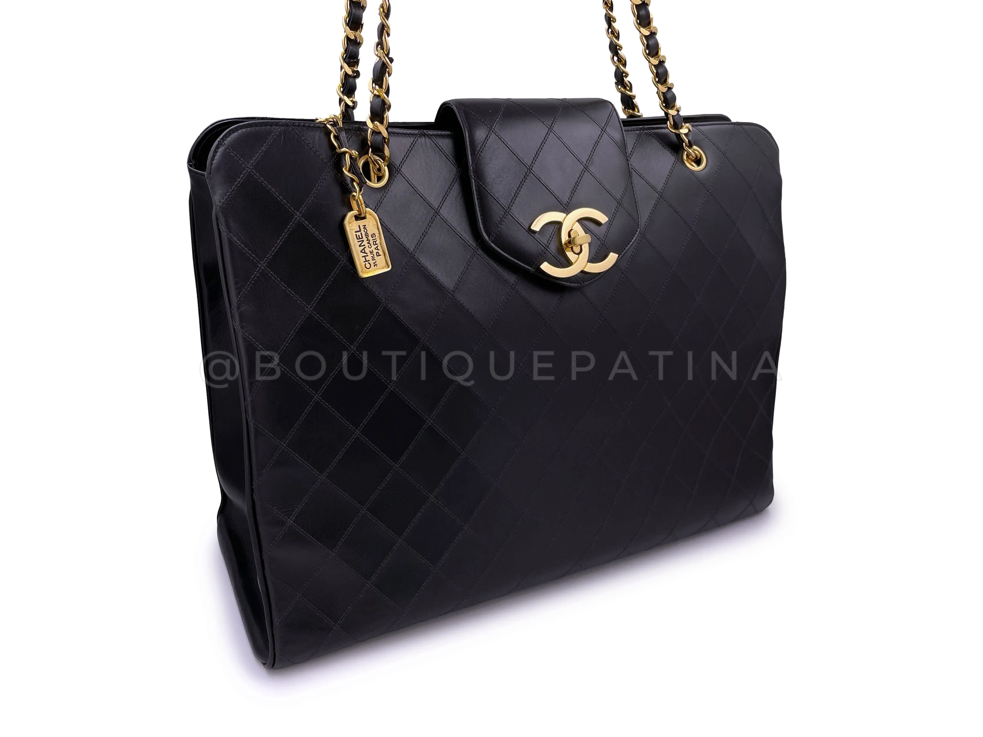 Chanel 1991 Vintage Black Quilted Supermodel Weekender Tote Bag 24k GHW