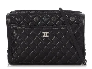 Chanel Luxe Black Shiny Calfskin Quilted Camera Crossbody Bag