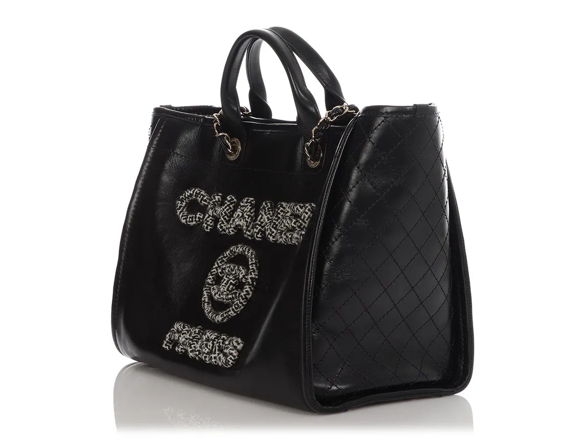 Chanel Large Black Leather Calfskin and Tweed Deauville Tote