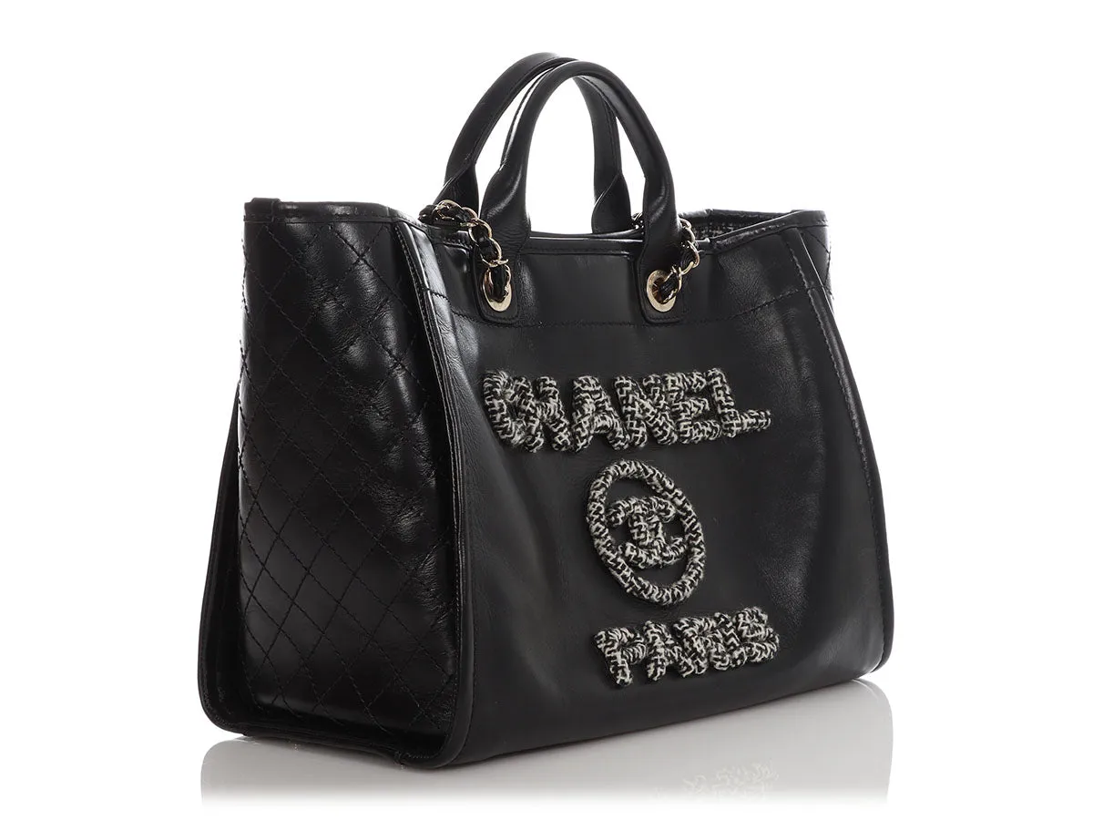 Chanel Large Black Leather Calfskin and Tweed Deauville Tote