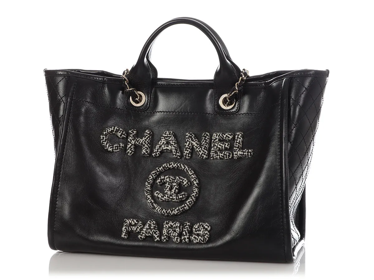 Chanel Large Black Leather Calfskin and Tweed Deauville Tote