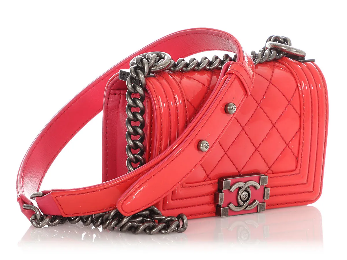 Chanel Mini Red-Pink Quilted Patent Plexiglass Boy Bag