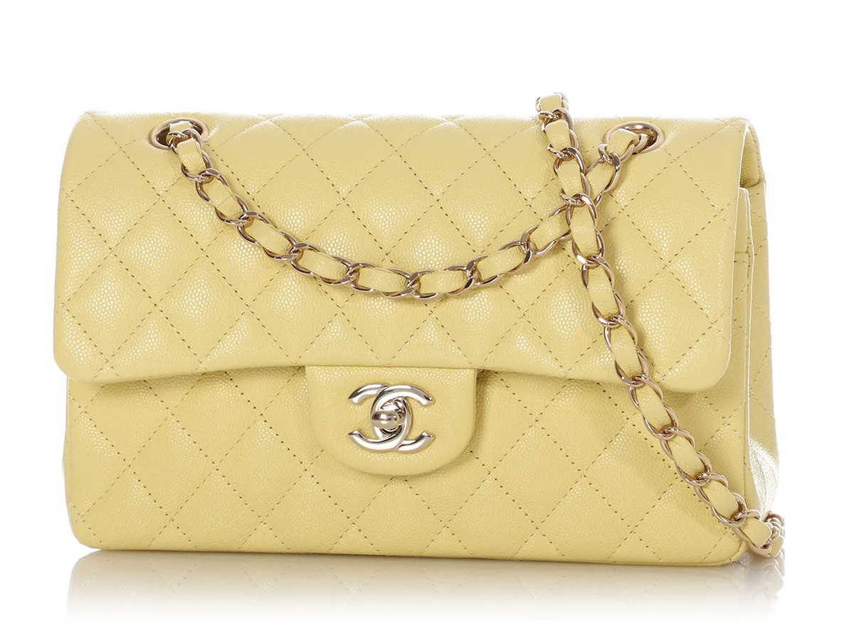 Chanel Small Light Yellow Quilted Caviar Classic Double Flap