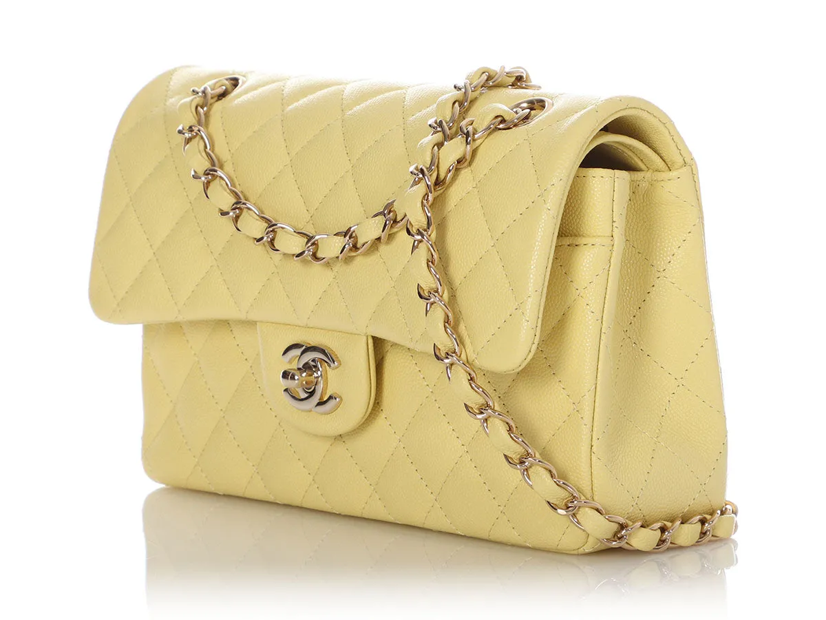 Chanel Small Light Yellow Quilted Caviar Classic Double Flap