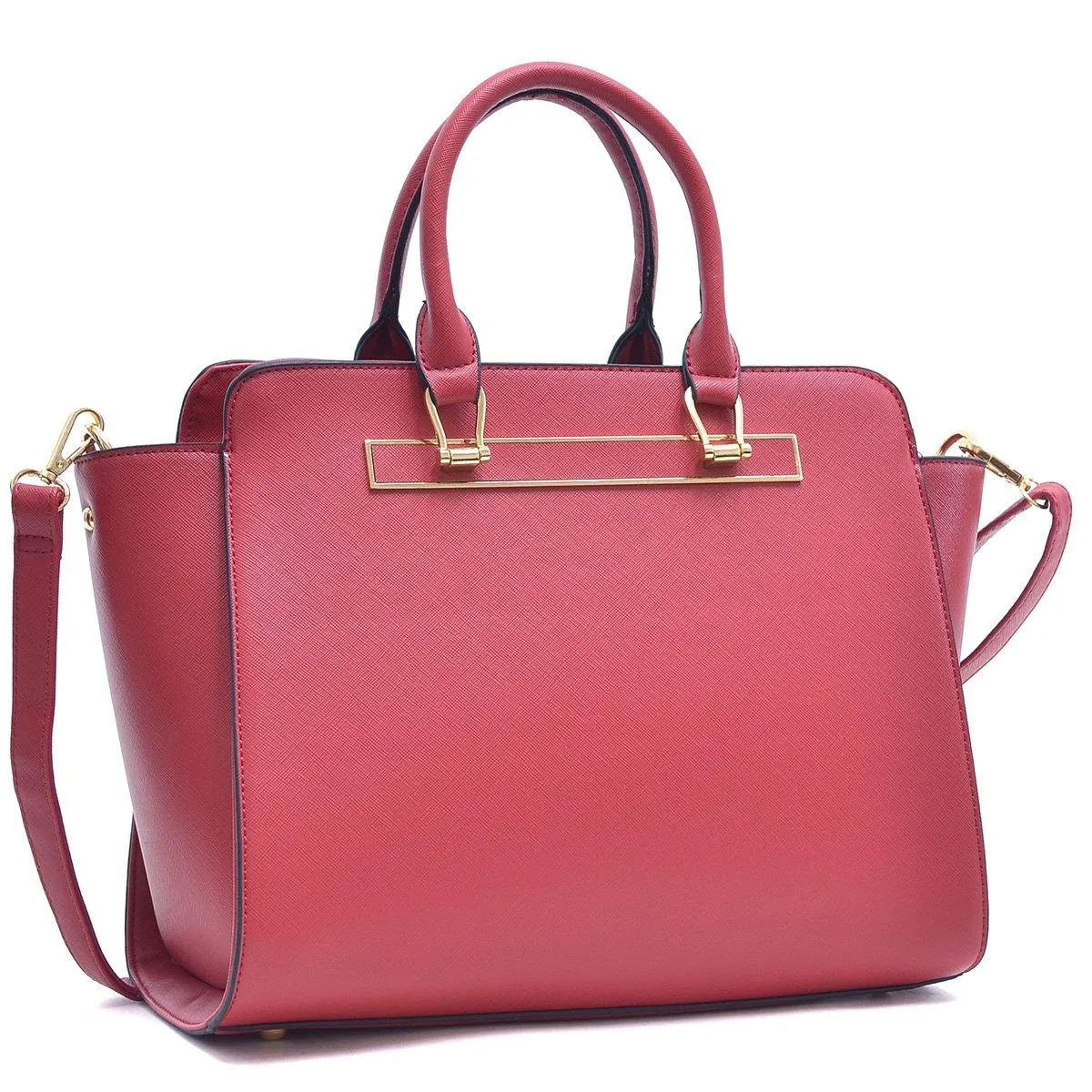 Dasein Faux Saffiano Leather Winged Satchel with Shoulder Strap