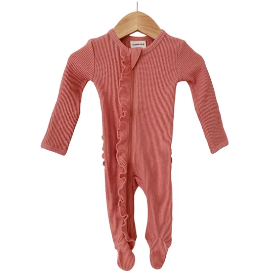 Dusty Rose Organic Waffle Ruffle Zip Footie