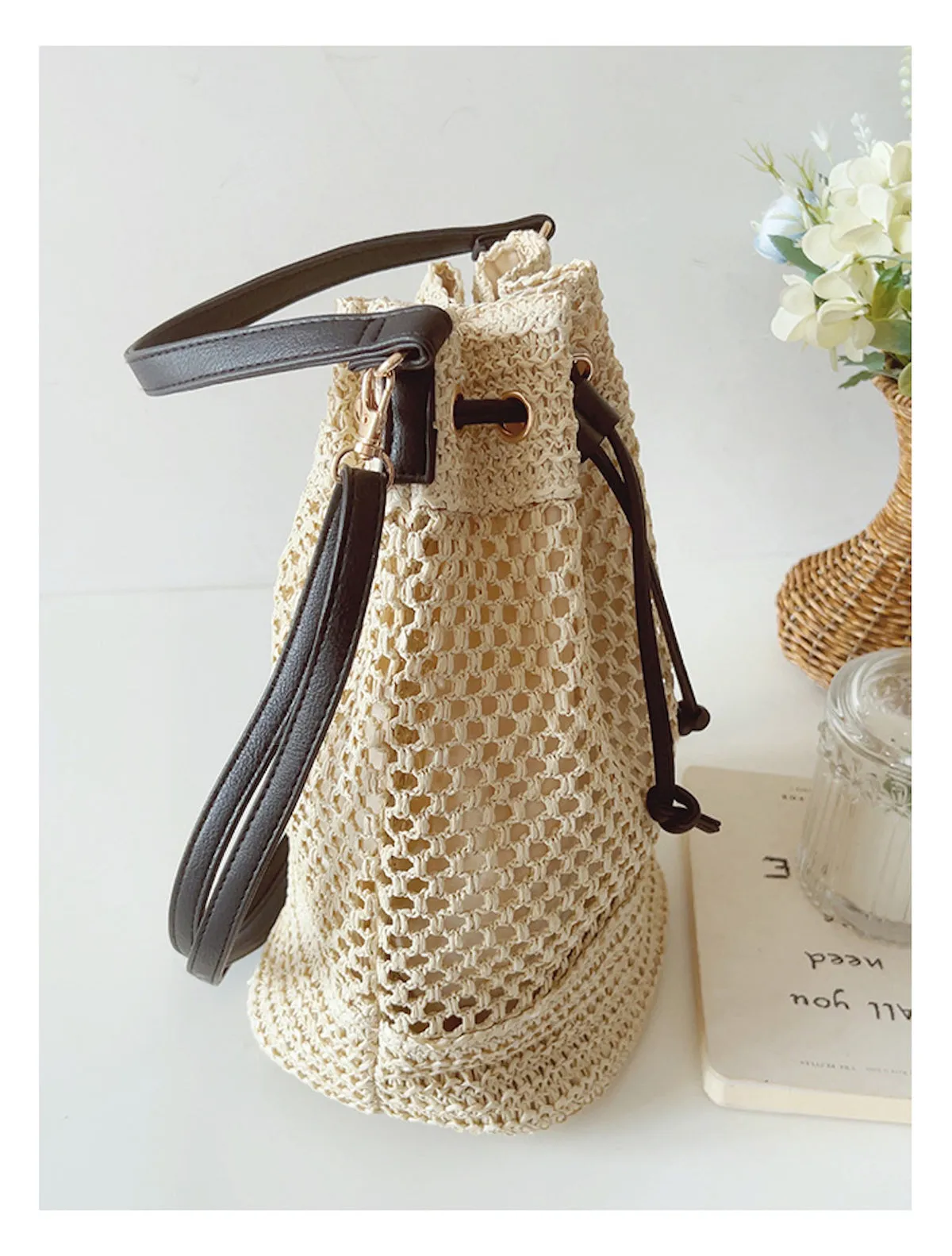 Elena Handbags Straw Bucket Shoulder Bag Summer Fashion