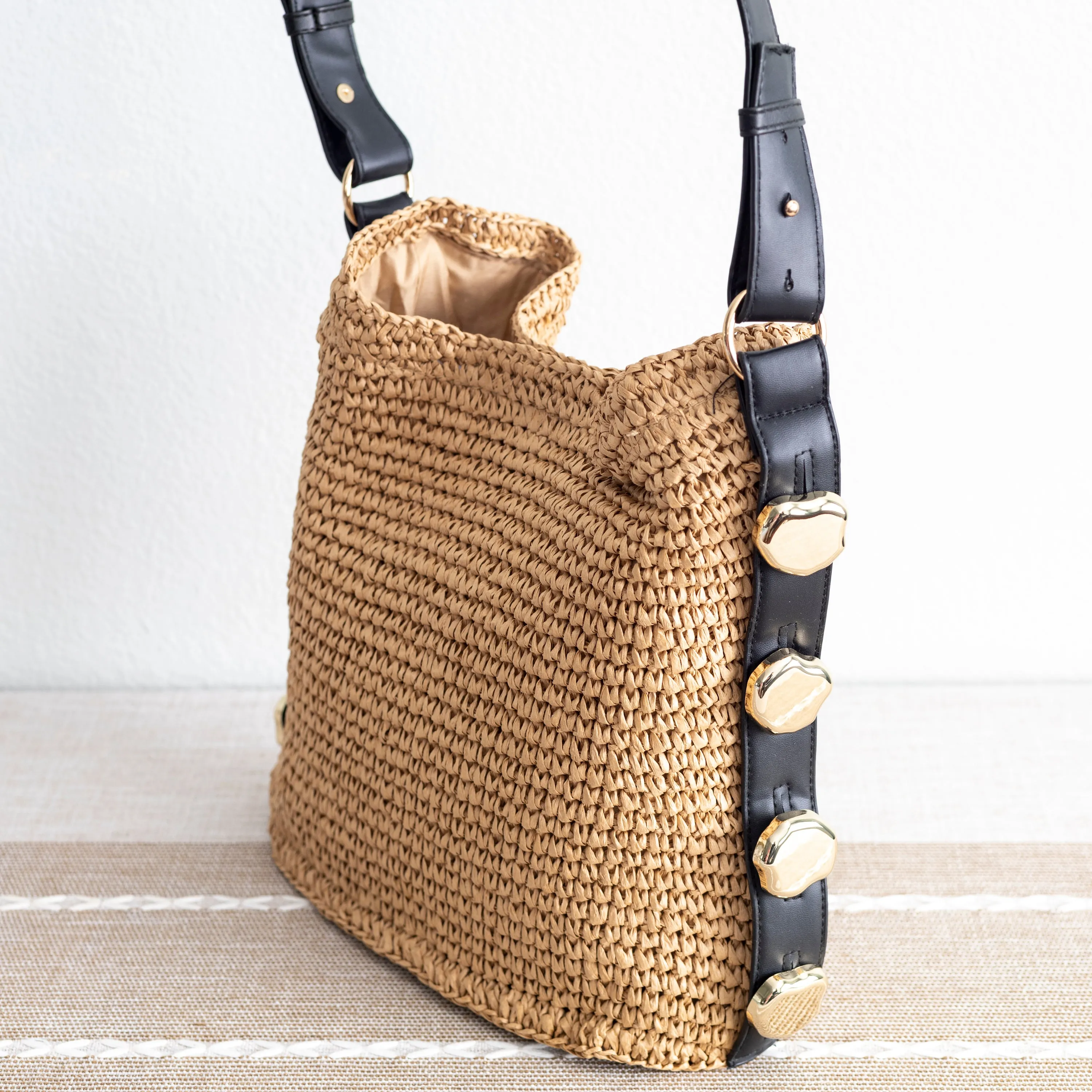 Elena Handbags Straw Woven Tote with Leather Straps