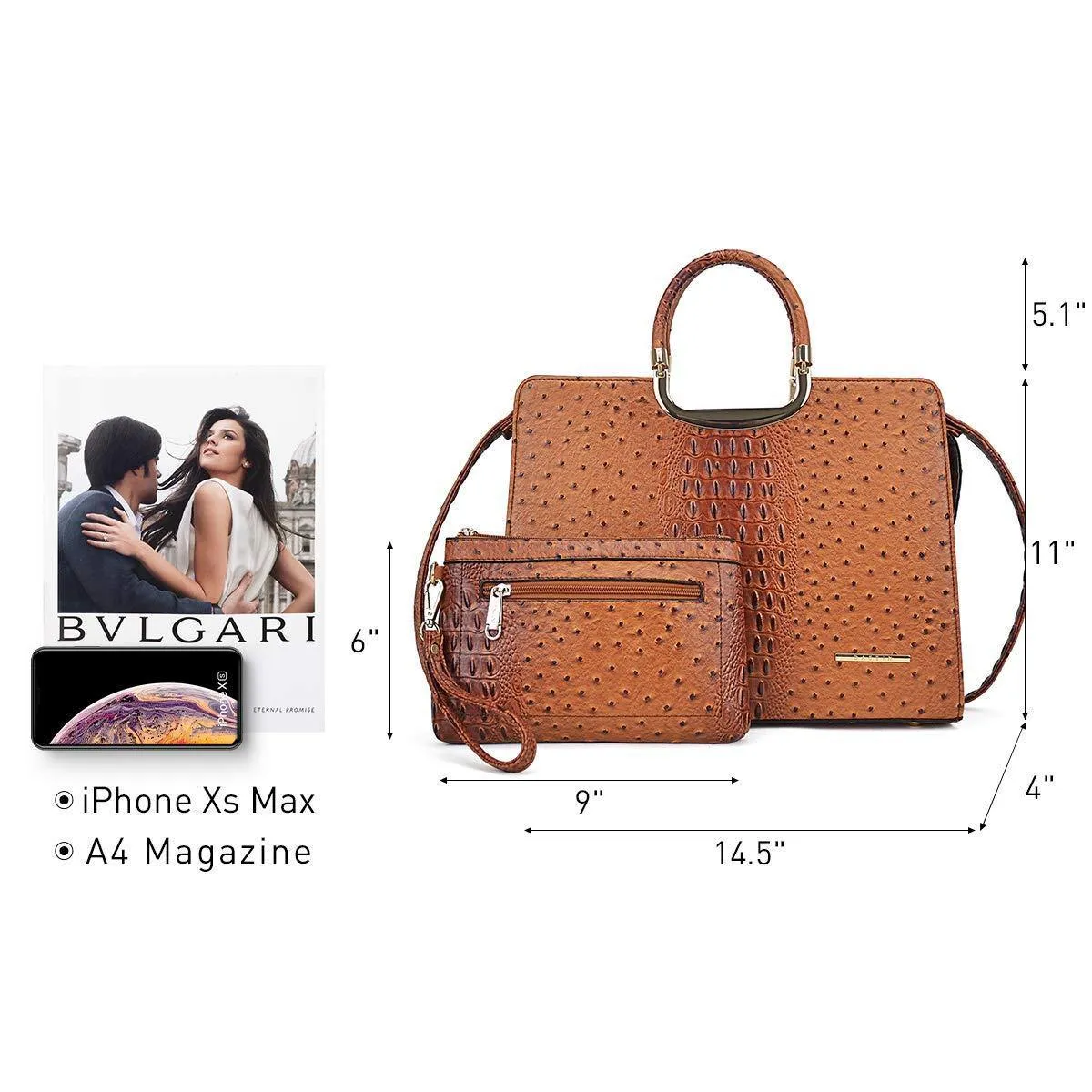 Embossed Pattern Top Handle Handbag with Matching Wallet