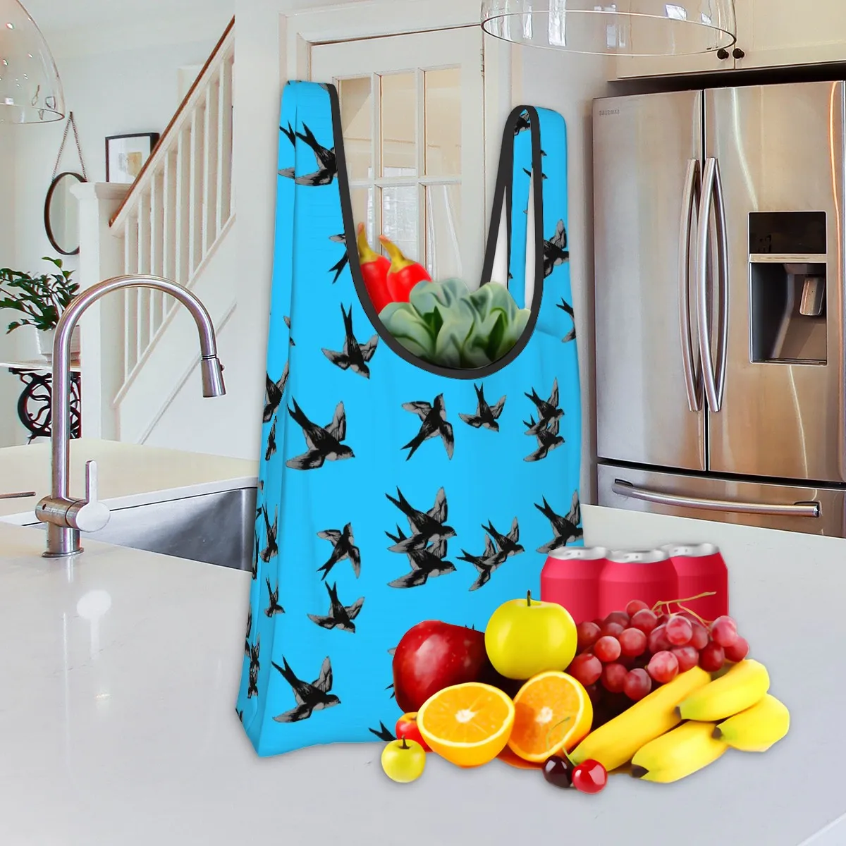 Folding Shopping Bag (polyester with storage pouch) Barn Swallows 1