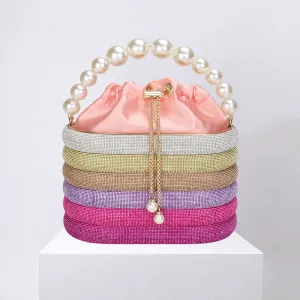 Pink Bling Pearl Top Handle Drawstring Box Crossbody Bag