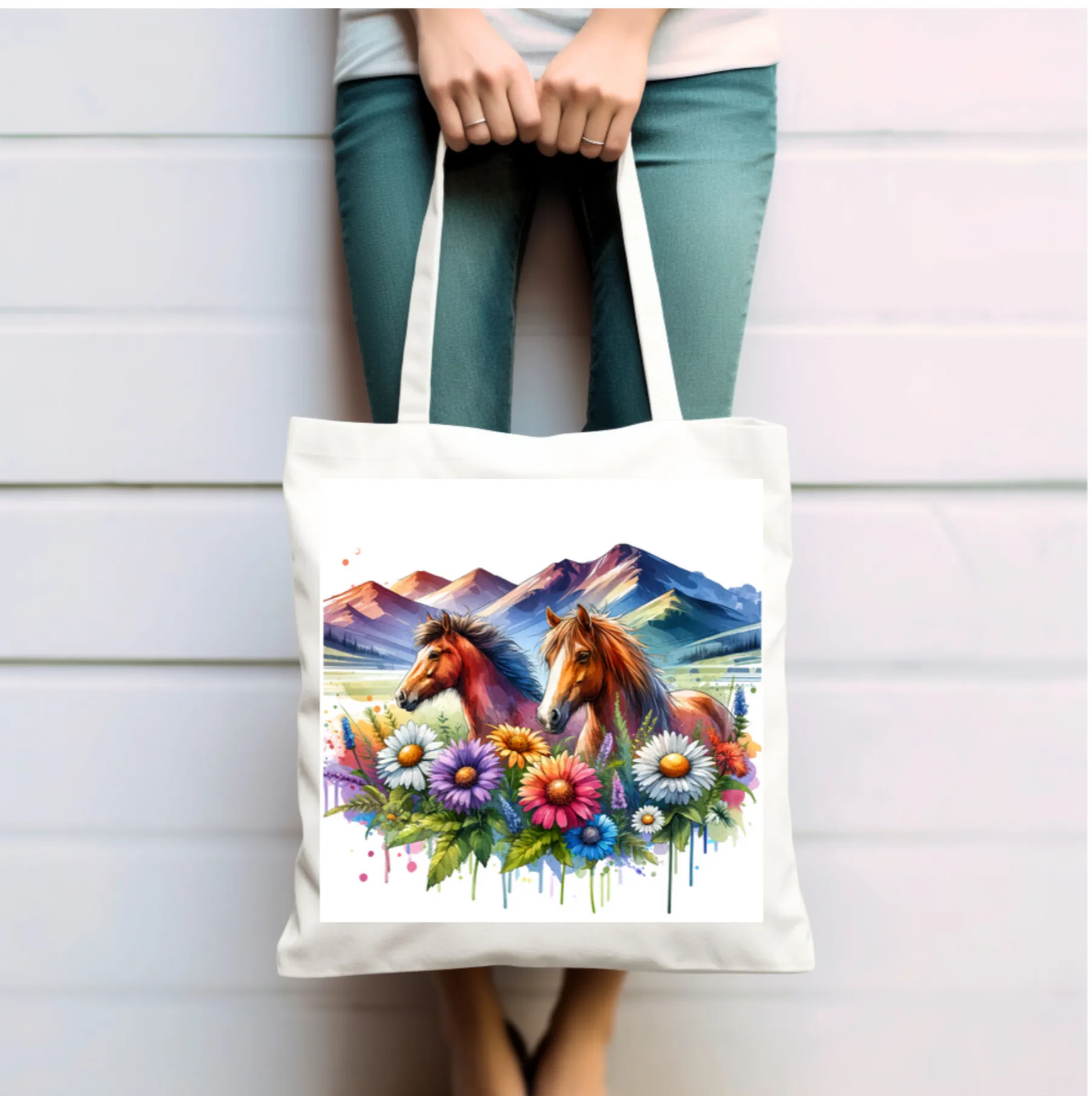 Wild horses and Wildflowers Tote Bag, Gift for her, Watercolour Tote Bag, Floral Tote Bag, Birthday gift for her, Wildflower Tote Bags