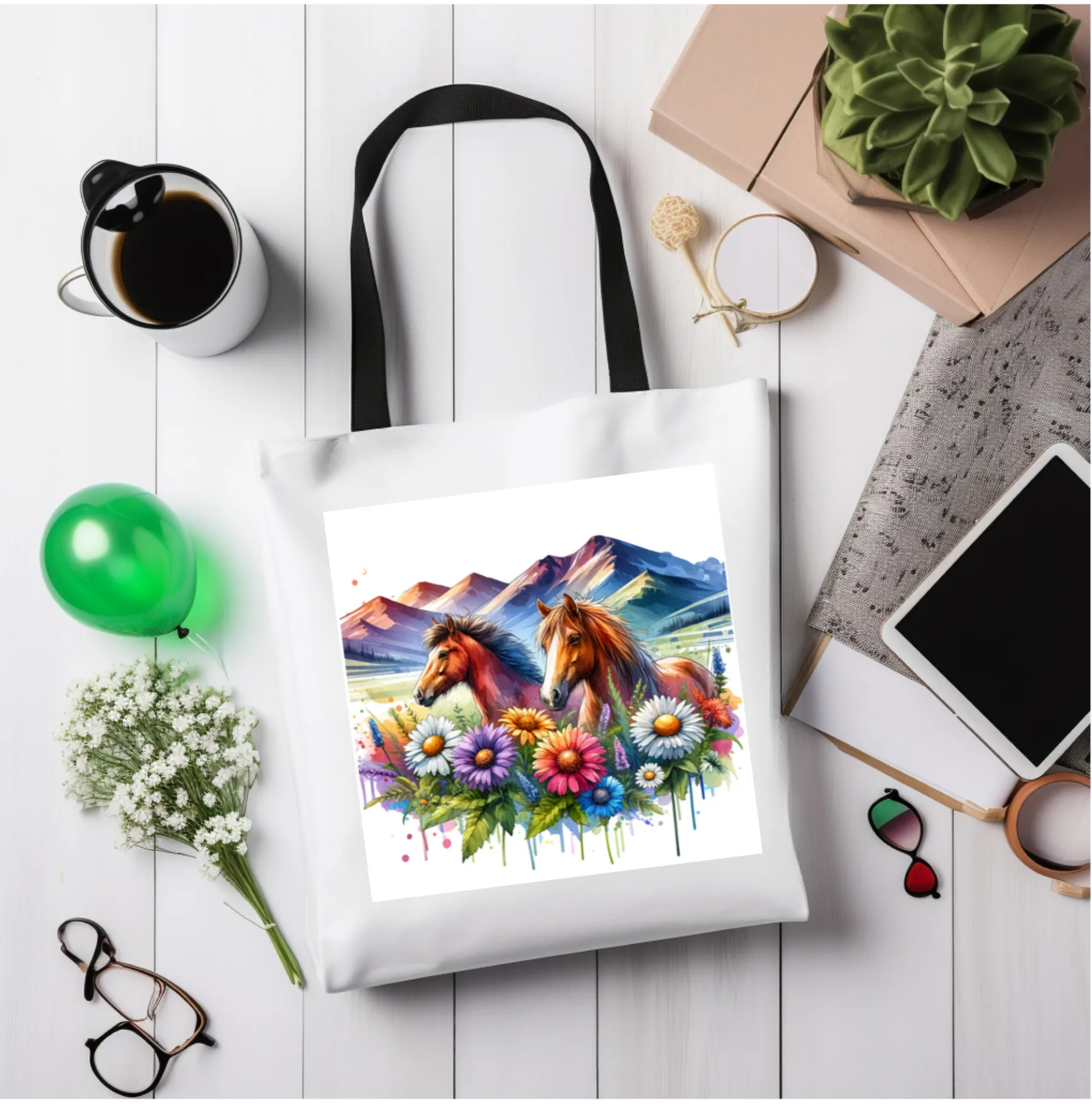 Wild horses and Wildflowers Tote Bag, Gift for her, Watercolour Tote Bag, Floral Tote Bag, Birthday gift for her, Wildflower Tote Bags