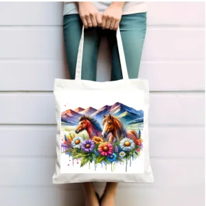 Wild horses and Wildflowers Tote Bag, Gift for her, Watercolour Tote Bag, Floral Tote Bag, Birthday gift for her, Wildflower Tote Bags