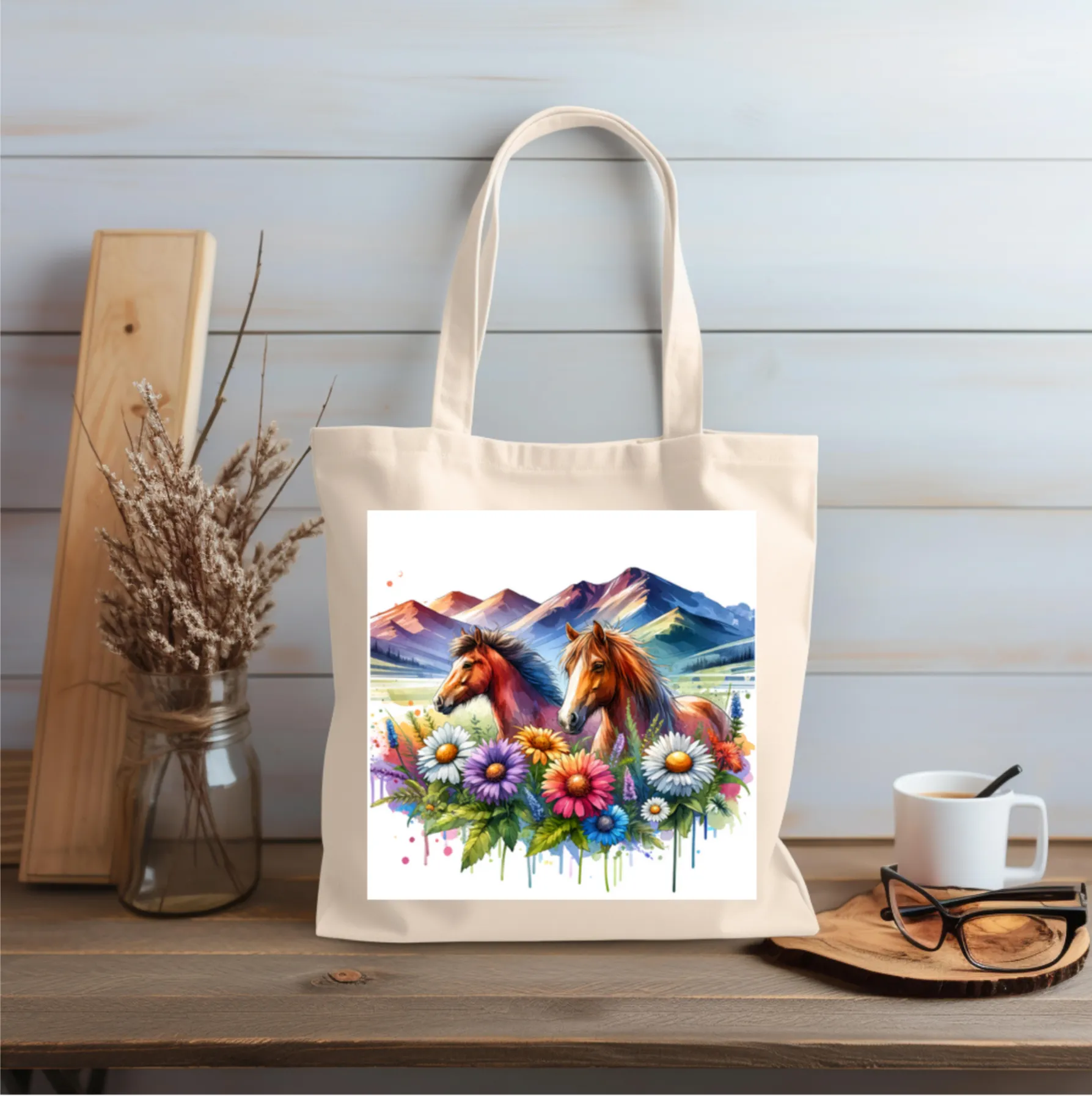 Wild horses and Wildflowers Tote Bag, Gift for her, Watercolour Tote Bag, Floral Tote Bag, Birthday gift for her, Wildflower Tote Bags